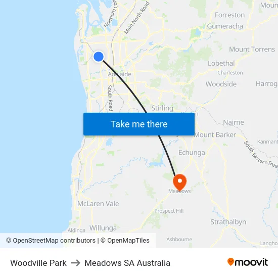 Woodville Park to Meadows SA Australia map