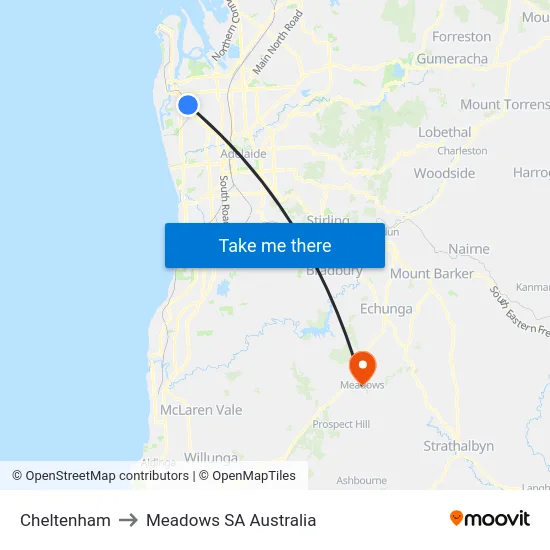 Cheltenham to Meadows SA Australia map