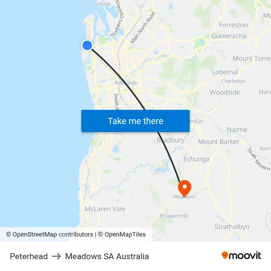 Peterhead to Meadows SA Australia map