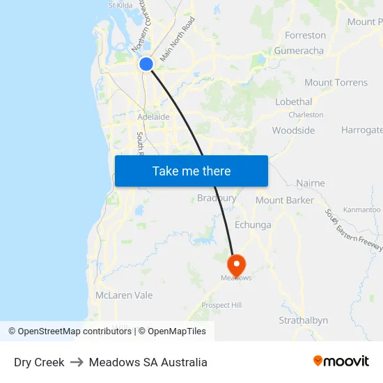 Dry Creek to Meadows SA Australia map