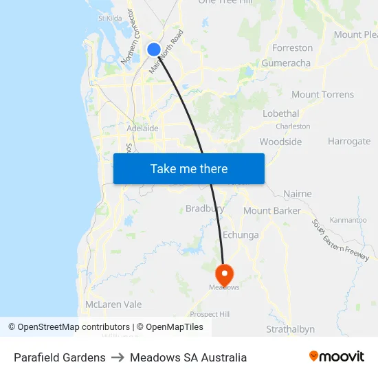 Parafield Gardens to Meadows SA Australia map