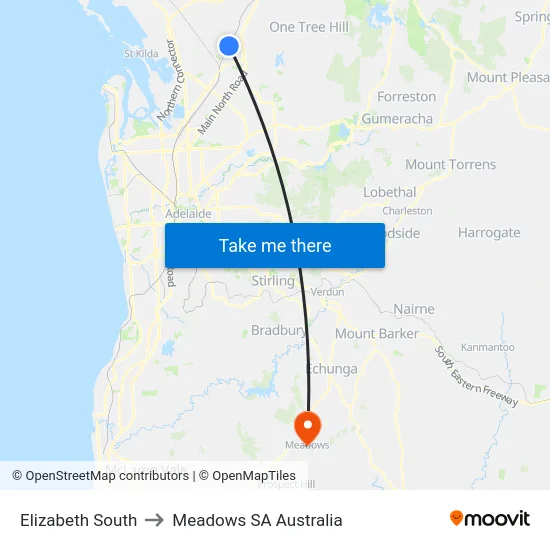 Elizabeth South to Meadows SA Australia map