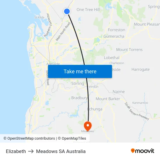 Elizabeth to Meadows SA Australia map
