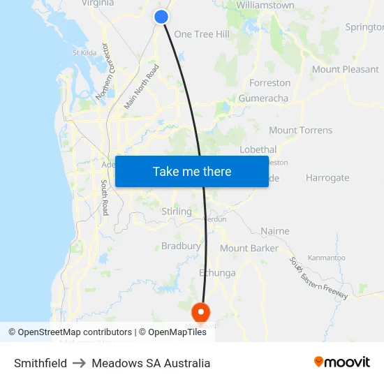Smithfield to Meadows SA Australia map