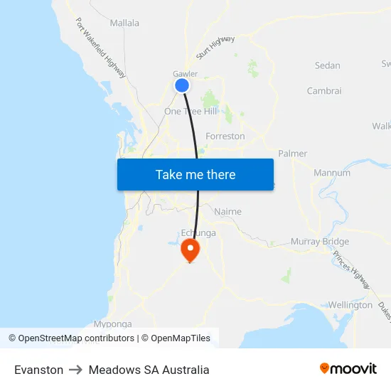 Evanston to Meadows SA Australia map