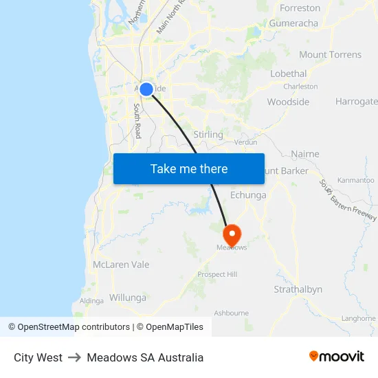 City West to Meadows SA Australia map