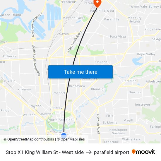 Stop X1 King William St - West side to parafield airport map