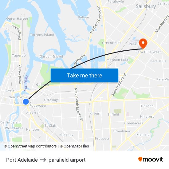 Port Adelaide to parafield airport map