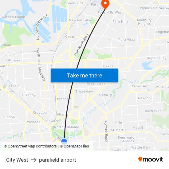 City West to parafield airport map