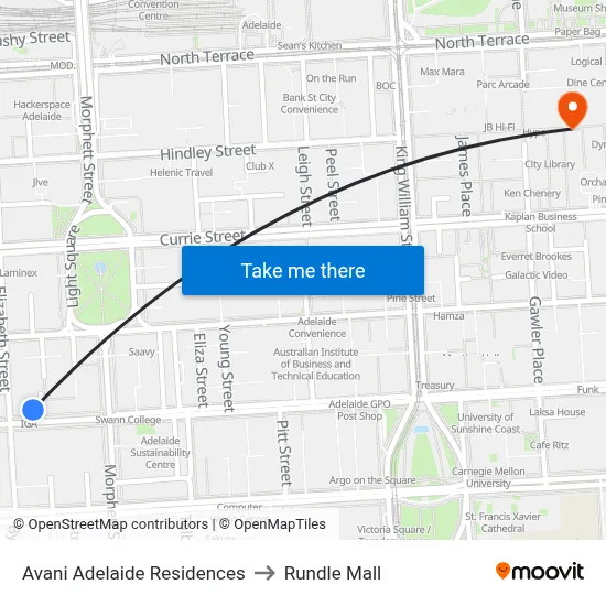 Avani Adelaide Residences to Rundle Mall map