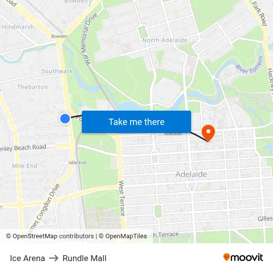 Ice Arena to Rundle Mall map