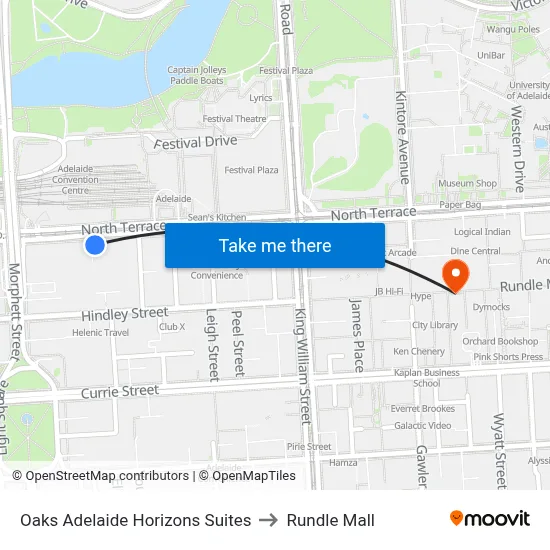 Oaks Adelaide Horizons Suites to Rundle Mall map