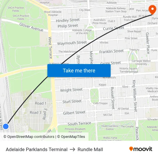 Adelaide Parklands Terminal to Rundle Mall map