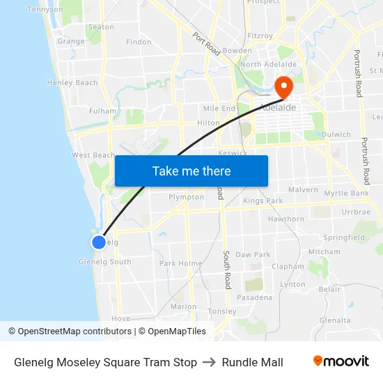Glenelg Moseley Square Tram Stop to Rundle Mall map