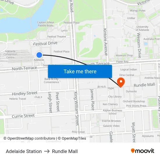 Adelaide Station to Rundle Mall map