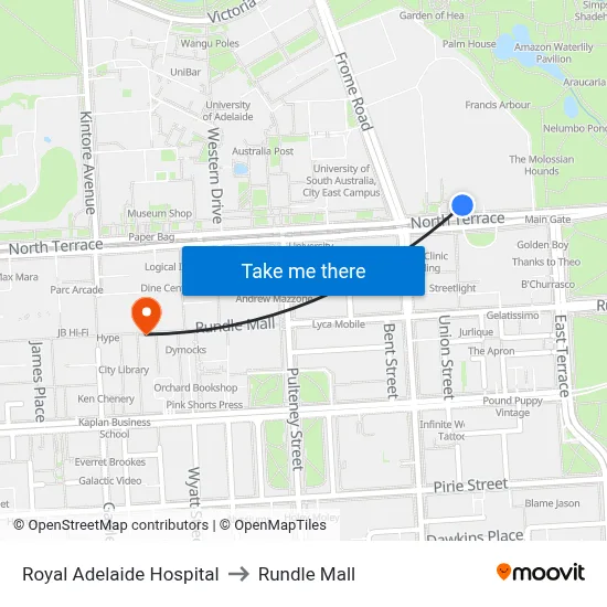 Royal Adelaide Hospital to Rundle Mall map