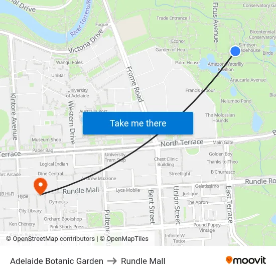 Adelaide Botanic Garden to Rundle Mall map
