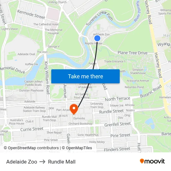 Adelaide Zoo to Rundle Mall map