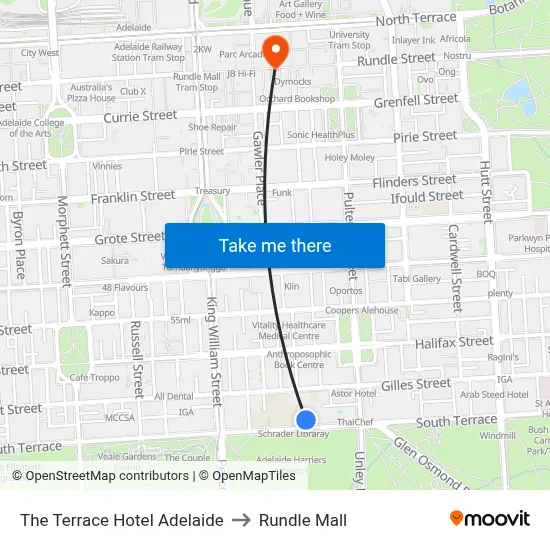 The Terrace Hotel Adelaide to Rundle Mall map