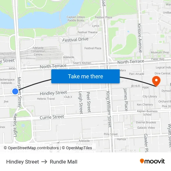 Hindley Street to Rundle Mall map