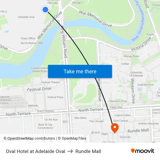 Oval Hotel at Adelaide Oval to Rundle Mall map