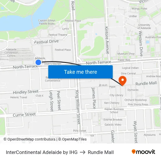 InterContinental Adelaide by IHG to Rundle Mall map