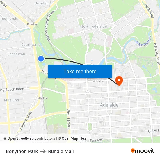 Bonython Park to Rundle Mall map