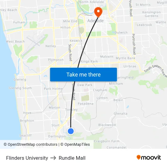 Flinders University to Rundle Mall map