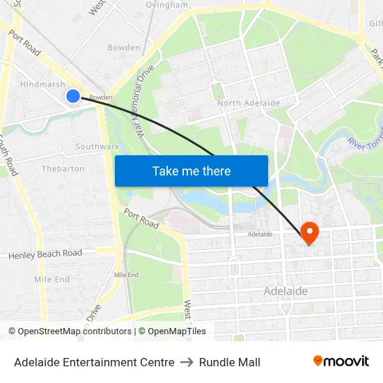 Adelaide Entertainment Centre to Rundle Mall map