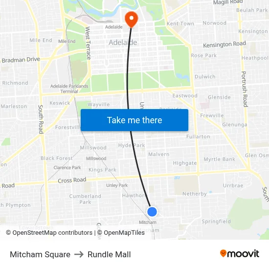 Mitcham Square to Rundle Mall map