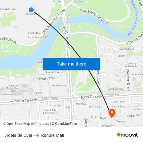 Adelaide Oval to Rundle Mall map