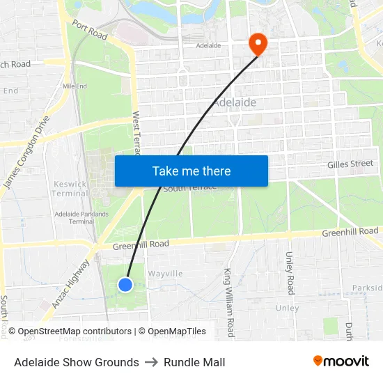 Adelaide Show Grounds to Rundle Mall map