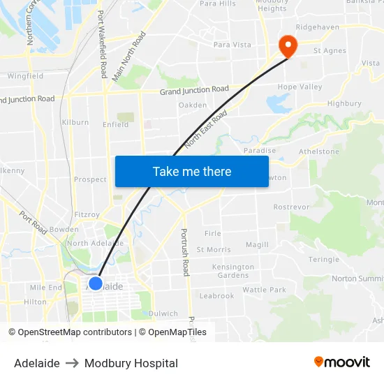 Adelaide to Modbury Hospital map