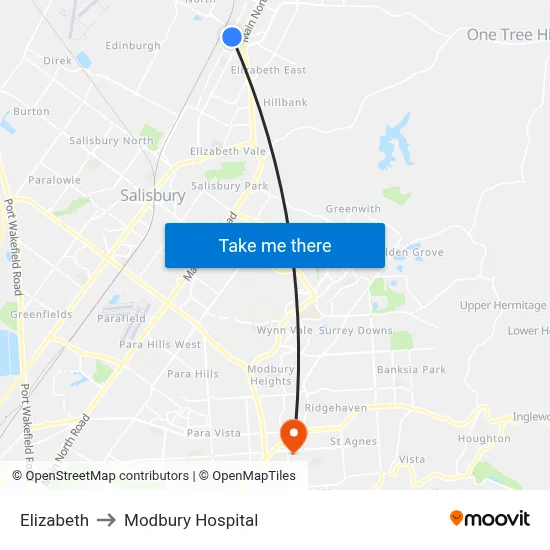 Elizabeth to Modbury Hospital map