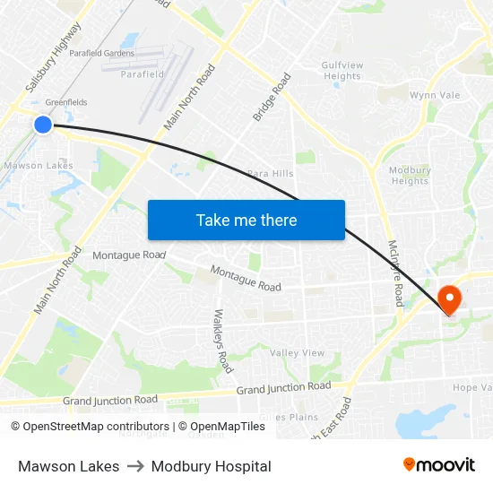 Mawson Lakes to Modbury Hospital map