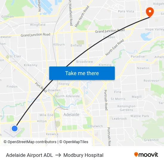 Adelaide Airport ADL to Modbury Hospital map