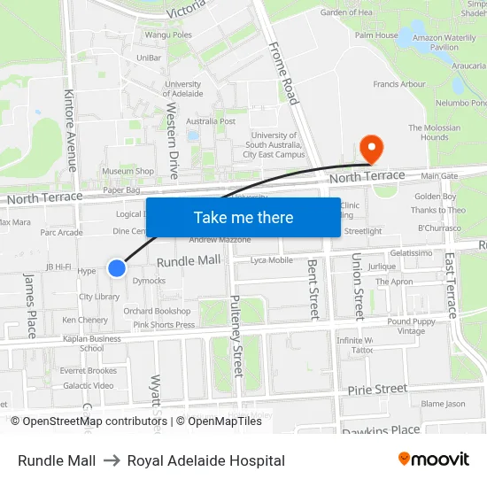 Rundle Mall to Royal Adelaide Hospital map