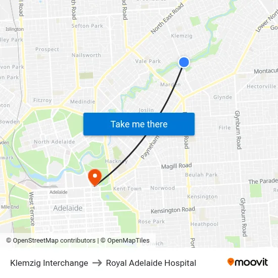 Klemzig Interchange to Royal Adelaide Hospital map