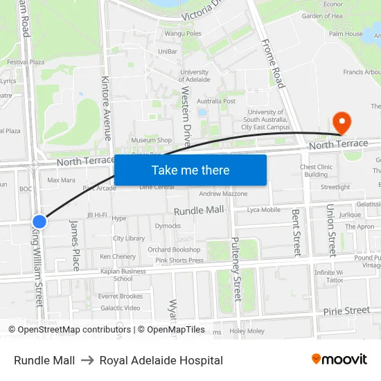 Rundle Mall to Royal Adelaide Hospital map