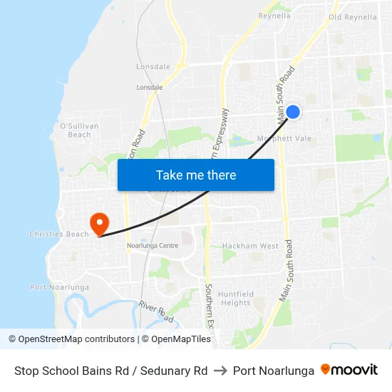 Stop School Bains Rd / Sedunary Rd to Port Noarlunga map