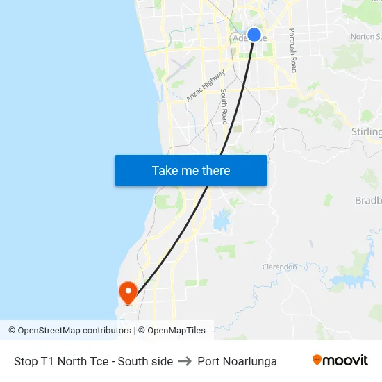Stop T1 North Tce - South side to Port Noarlunga map