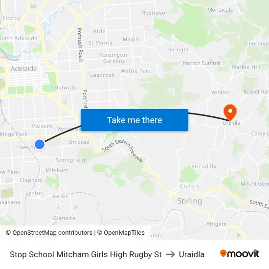 Stop School Mitcham Girls High Rugby St to Uraidla map