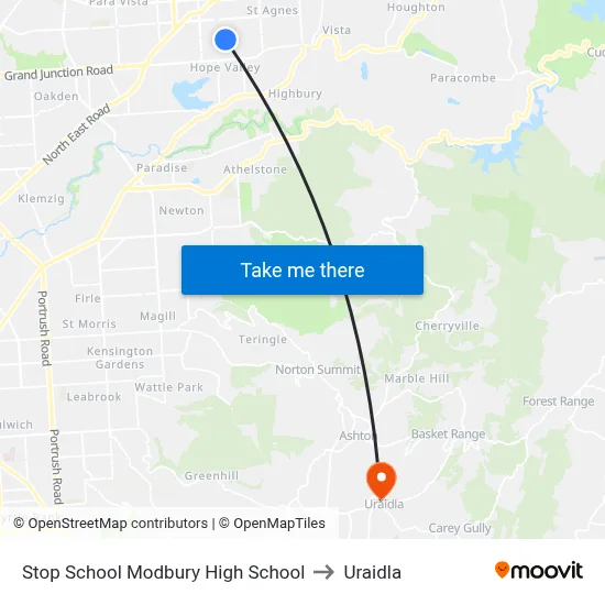 Stop School Modbury High School to Uraidla map
