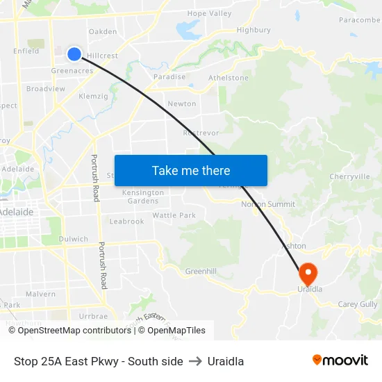 Stop 25A East Pkwy - South side to Uraidla map