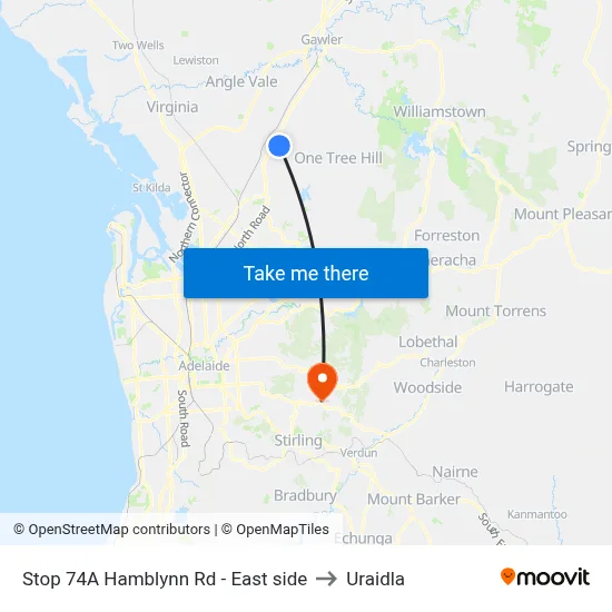 Stop 74A Hamblynn Rd - East side to Uraidla map