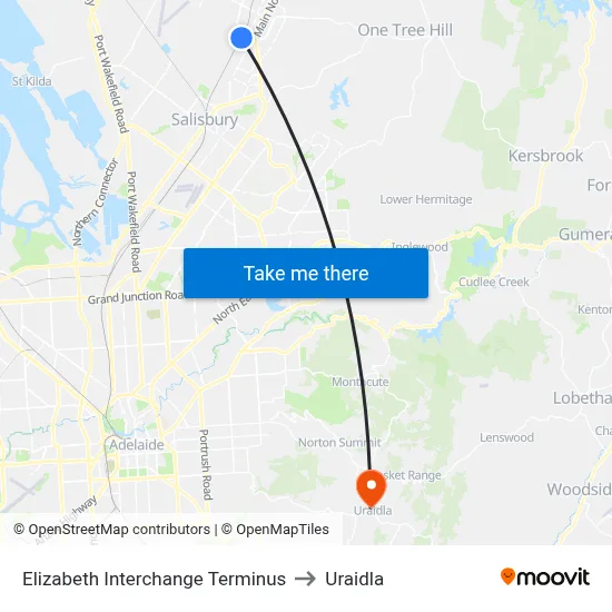 Elizabeth Interchange Terminus to Uraidla map