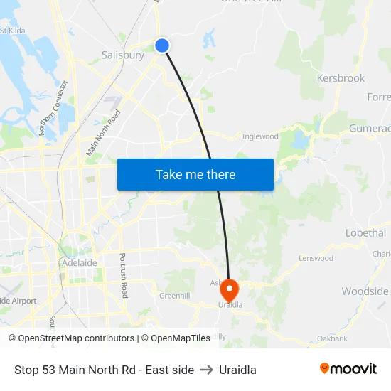 Stop 53 Main North Rd - East side to Uraidla map