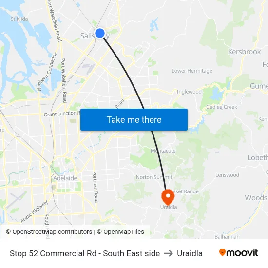 Stop 52 Commercial Rd - South East side to Uraidla map