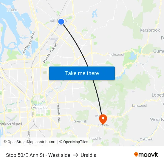 Stop 50/E Ann St - West side to Uraidla map