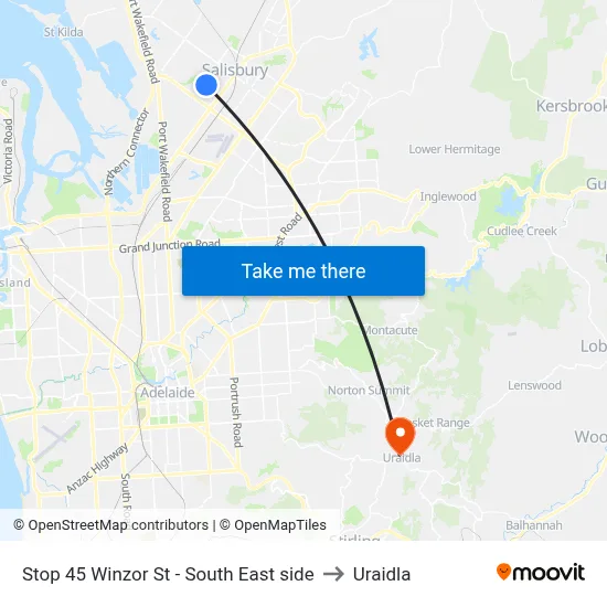 Stop 45 Winzor St - South East side to Uraidla map